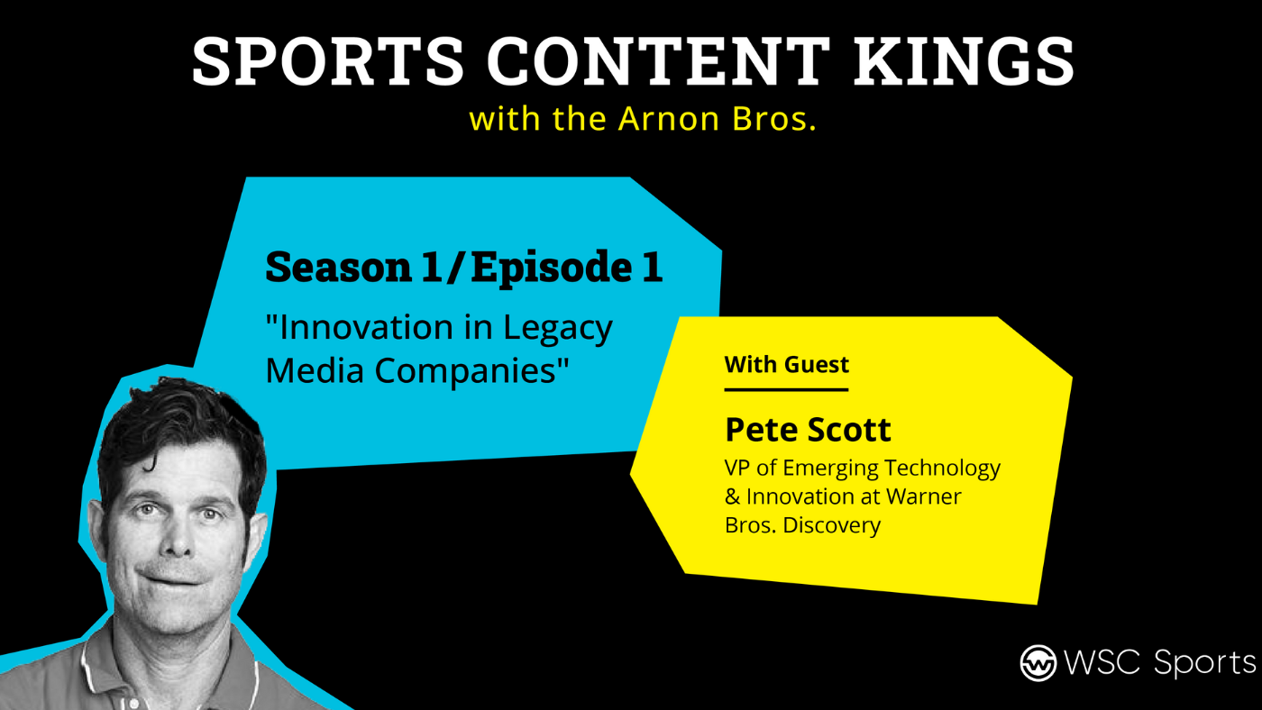 Graphic advertising the season 1, episode 1 episode of Sports Content Kings featuring guest Pete Scott.