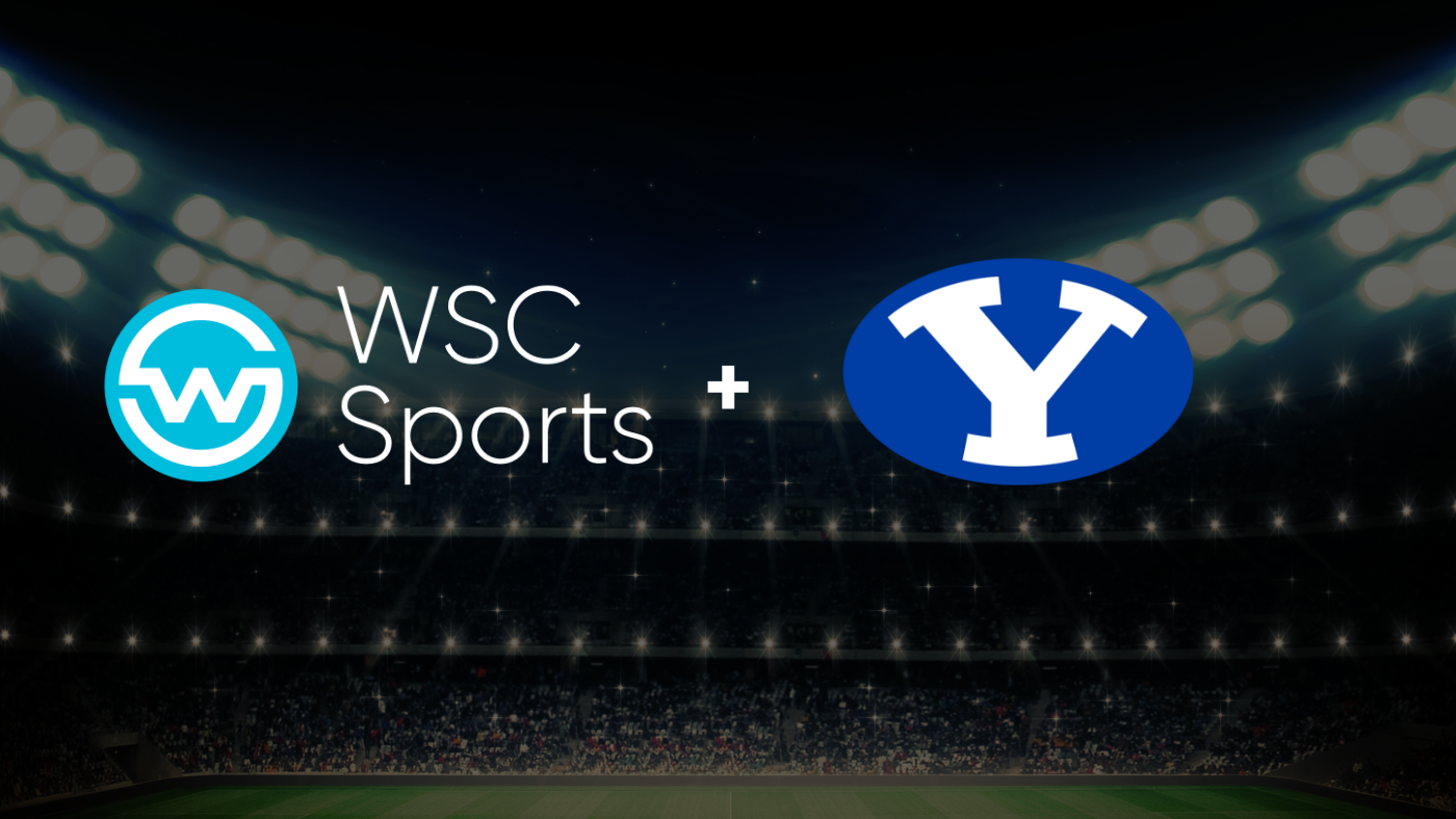 WSC Sports and Brigham Young University logos set against background of a sports stadium.