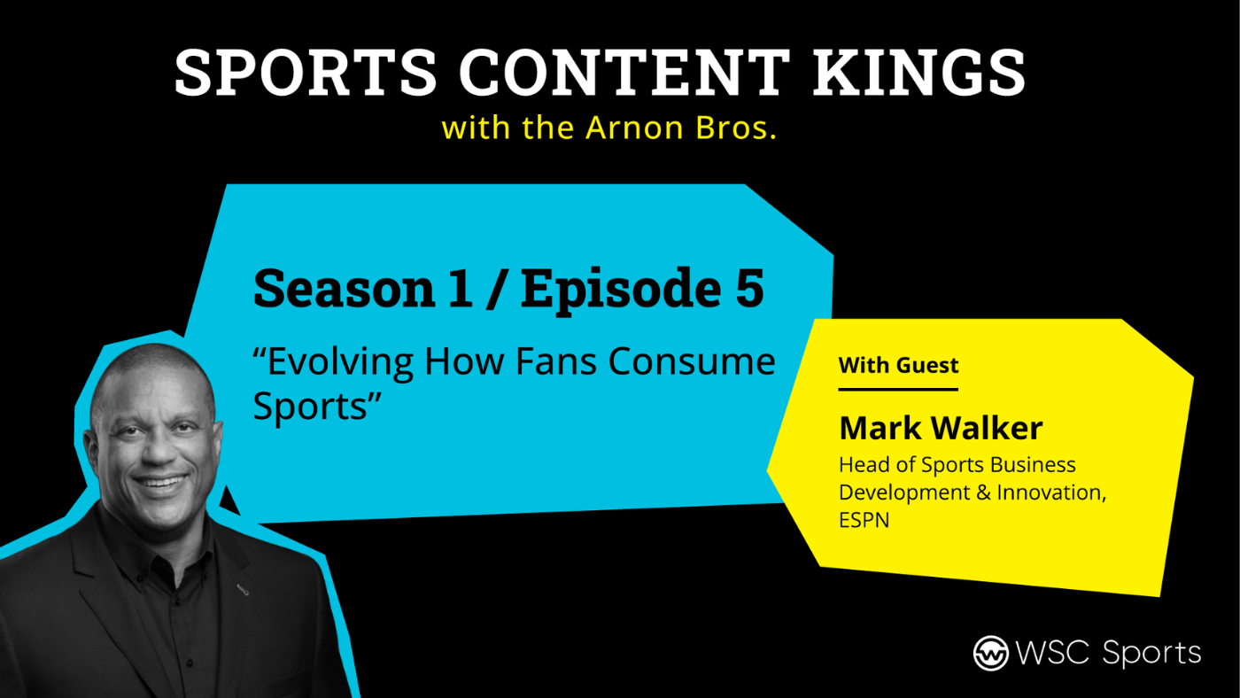Picture of ESPN Head of Business Development and Innovation, Mark Walker, against a backdrop of the Sports Content Kings Logo and episode name