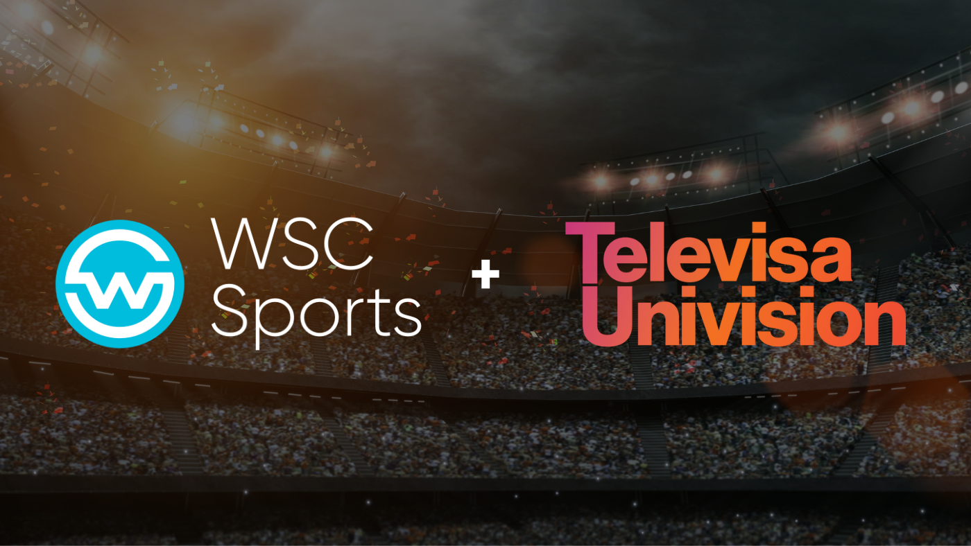 Logos of WSC Sports and Televisaunivision against a backdrop of a sports stadium.