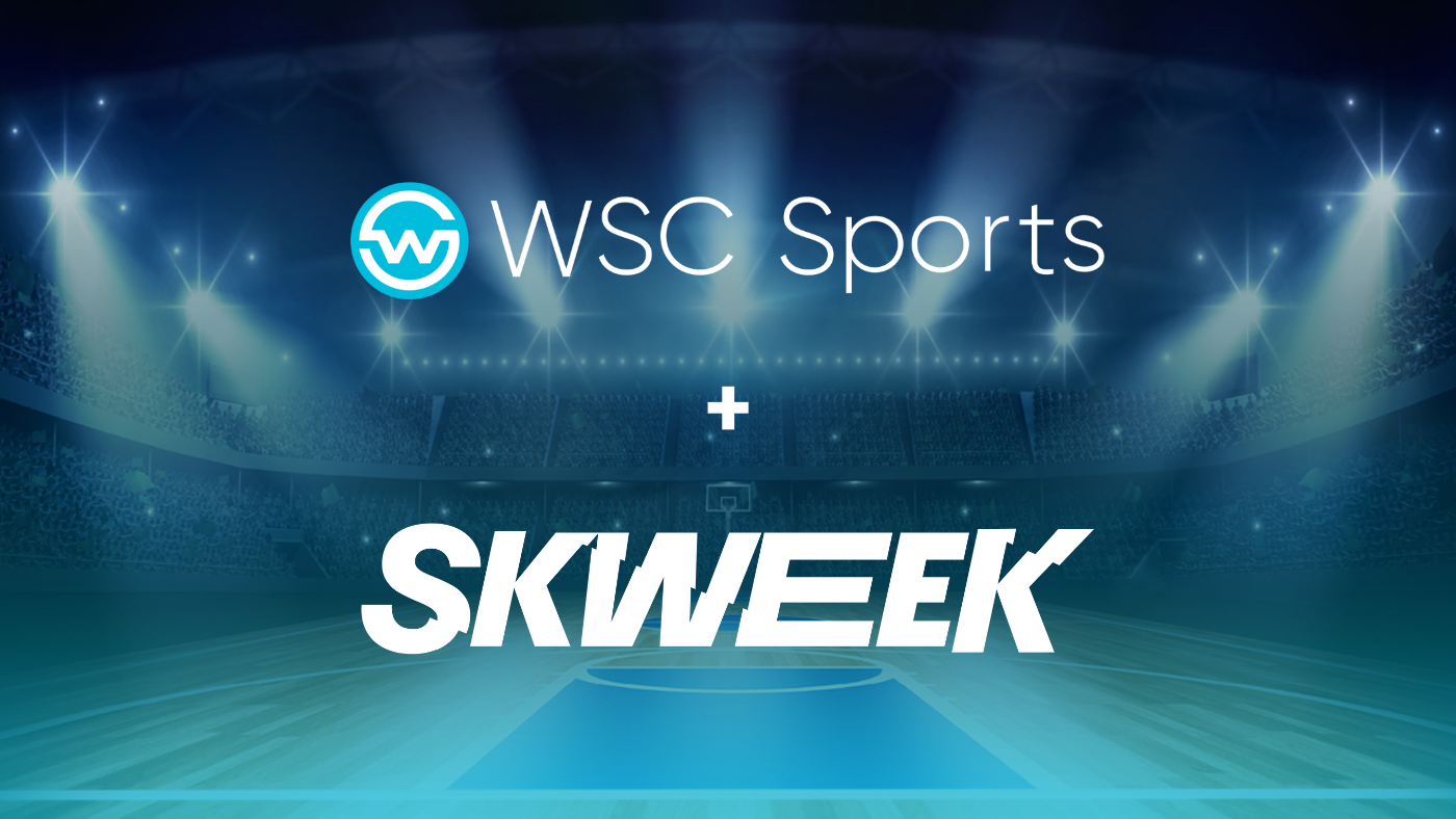 WSC Sports and Skweek logos against a backdrop of a basketball arena
