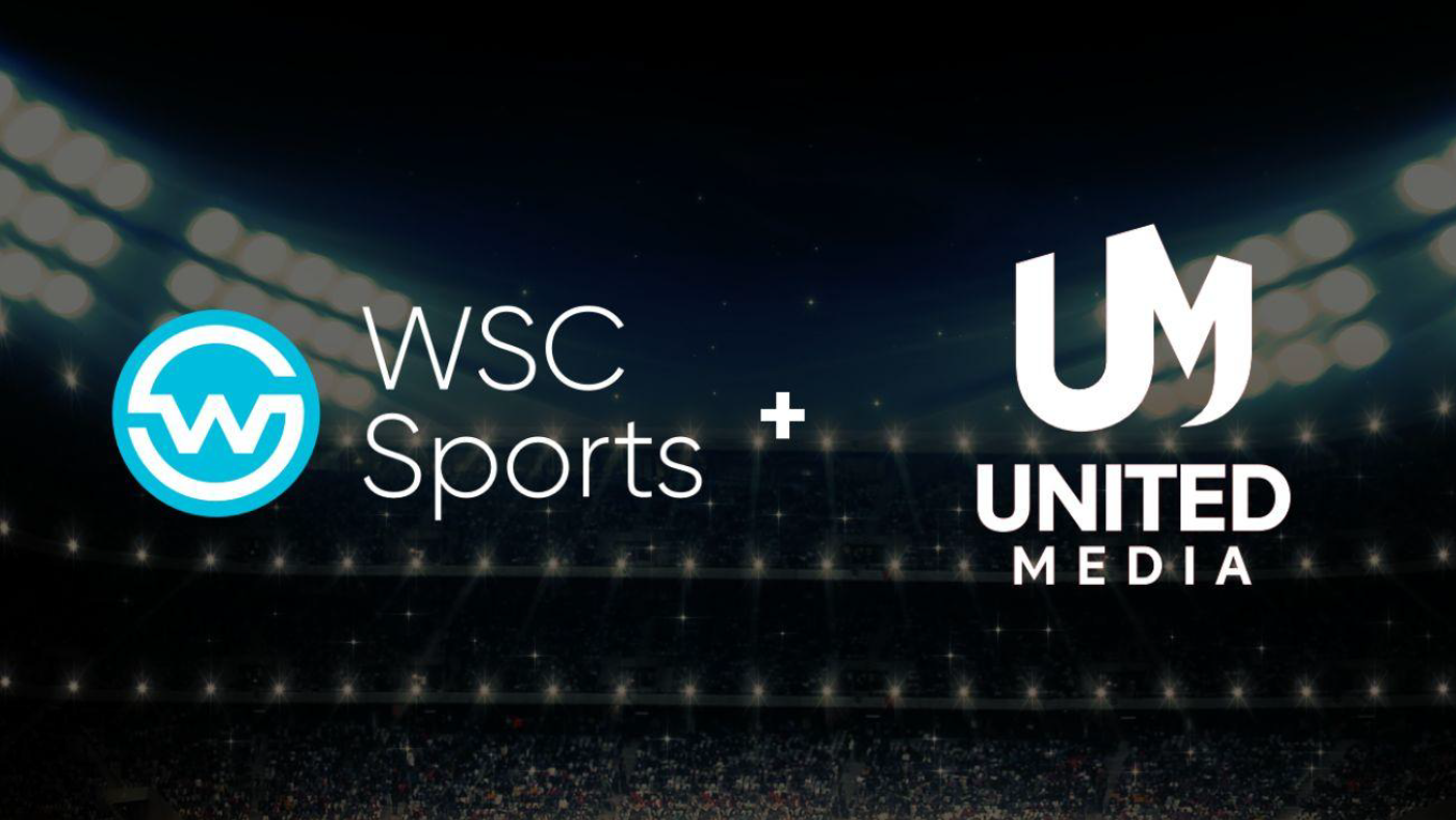 WSC Sports and United Media logos against dark background of soccer stadium.