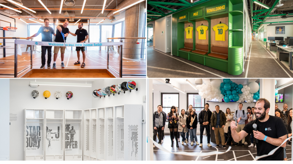 Carousel of 4 different pictures showing the ribbon cutting ceremonies at WSC Sports' new offices in Tel Aviv and New York, in addition to two pictures showing off the sports decorations throughout the two offices. 