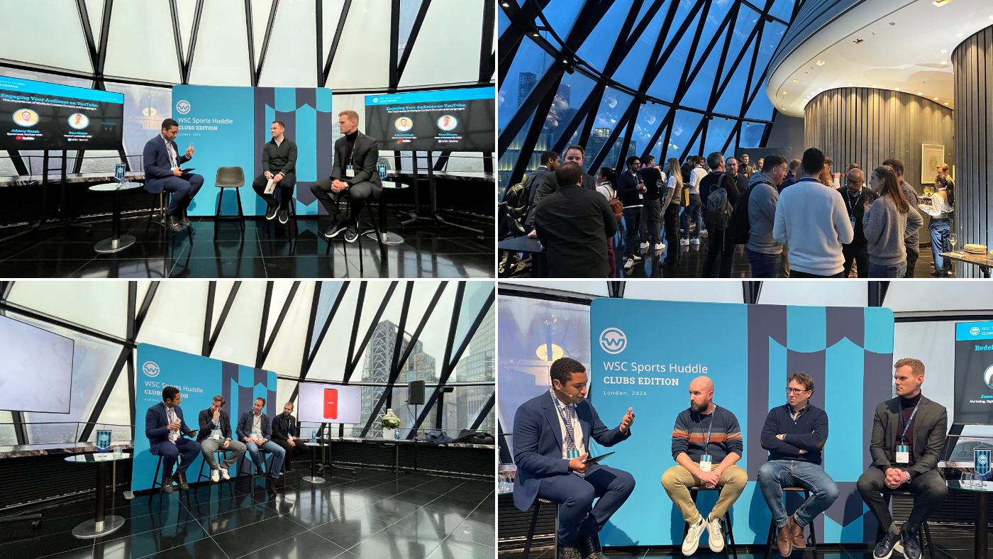 A collage of four different photos from the WSC Sports London Huddle .