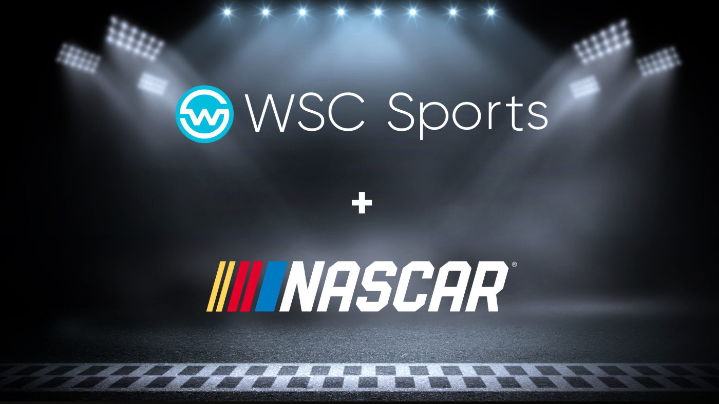 WSC Sports and NASCAR logos against a dark background and checkered flag at the bottom of the frame.