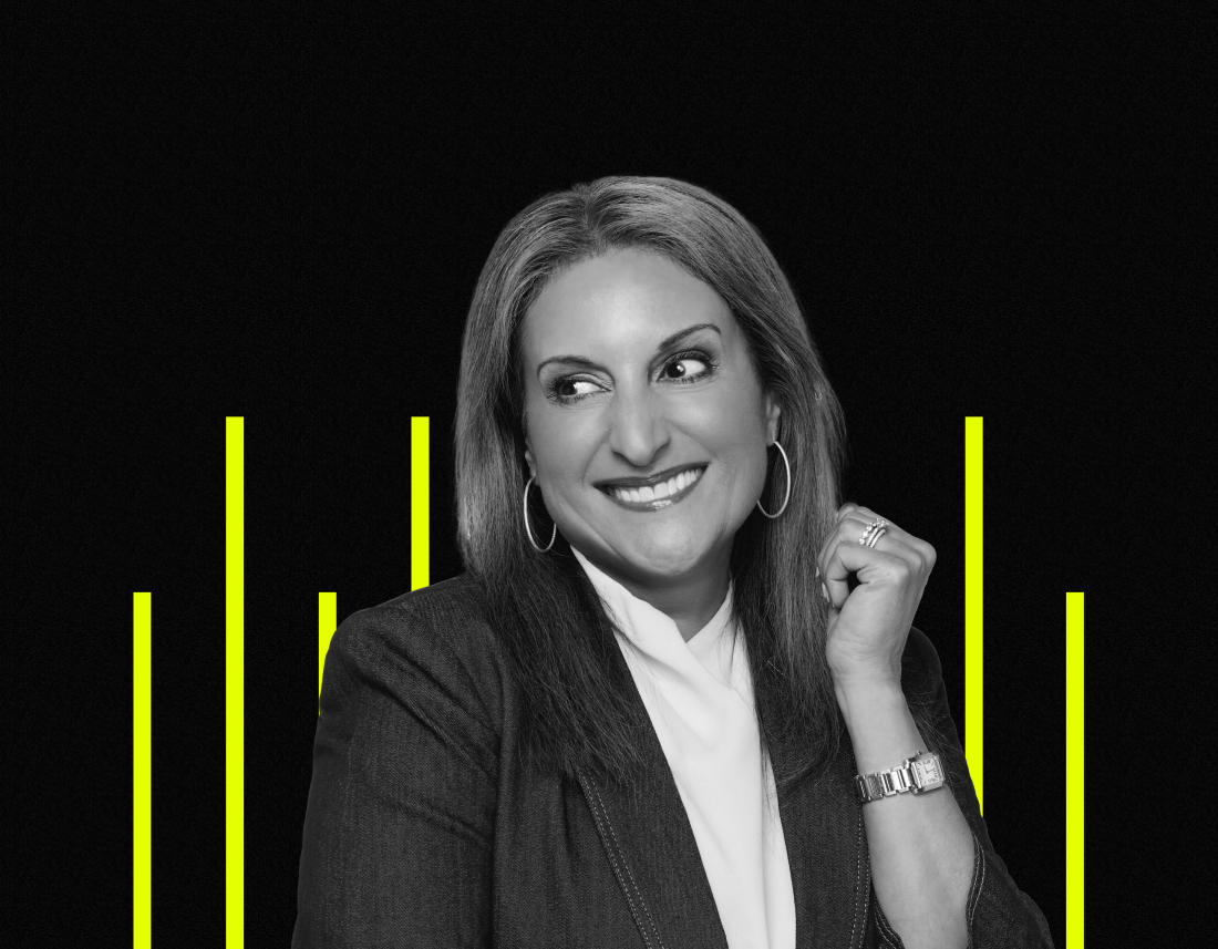 Headshot of Hania Poole against a black and yellow background.