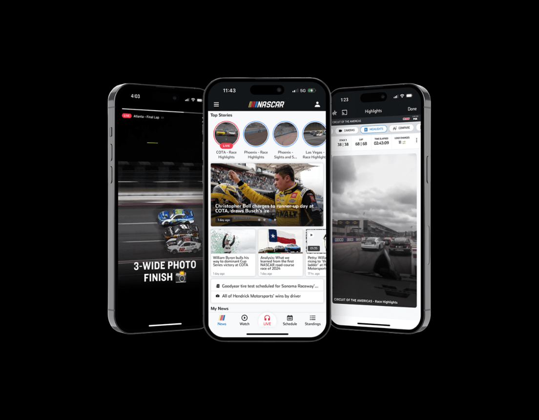 Images of the NASCAR mobile app against a black background.