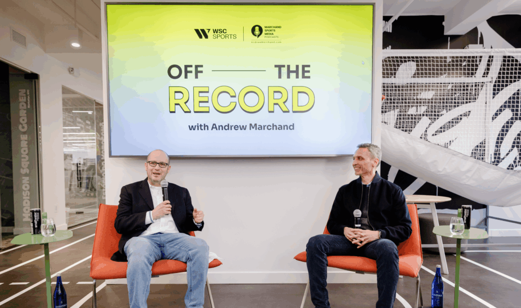 Andrew Marchand and Jimmy Pitaro in conversation at the "Off the Record" event at WSC Sports office in New York City. 