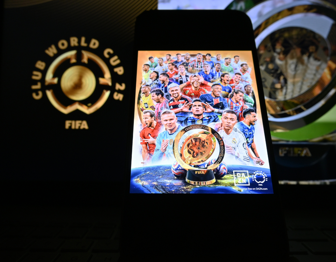 A phone showing an advertisement for the 2025 Club World Cup.