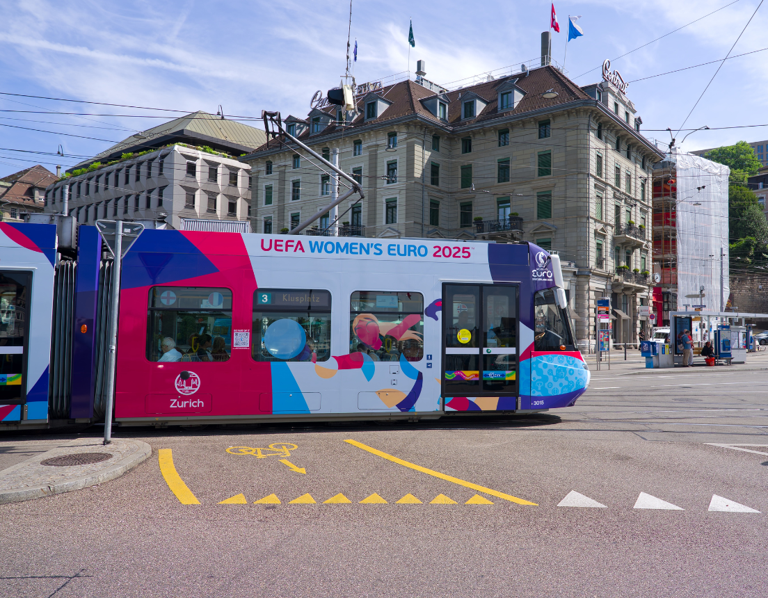 Uefa Women's Euro 2025 advertising tram line three arriving at Central tram station at Swiss city of Zürich on a sunny spring day. Photo taken June 18th, 2025, Zurich, Switzerland