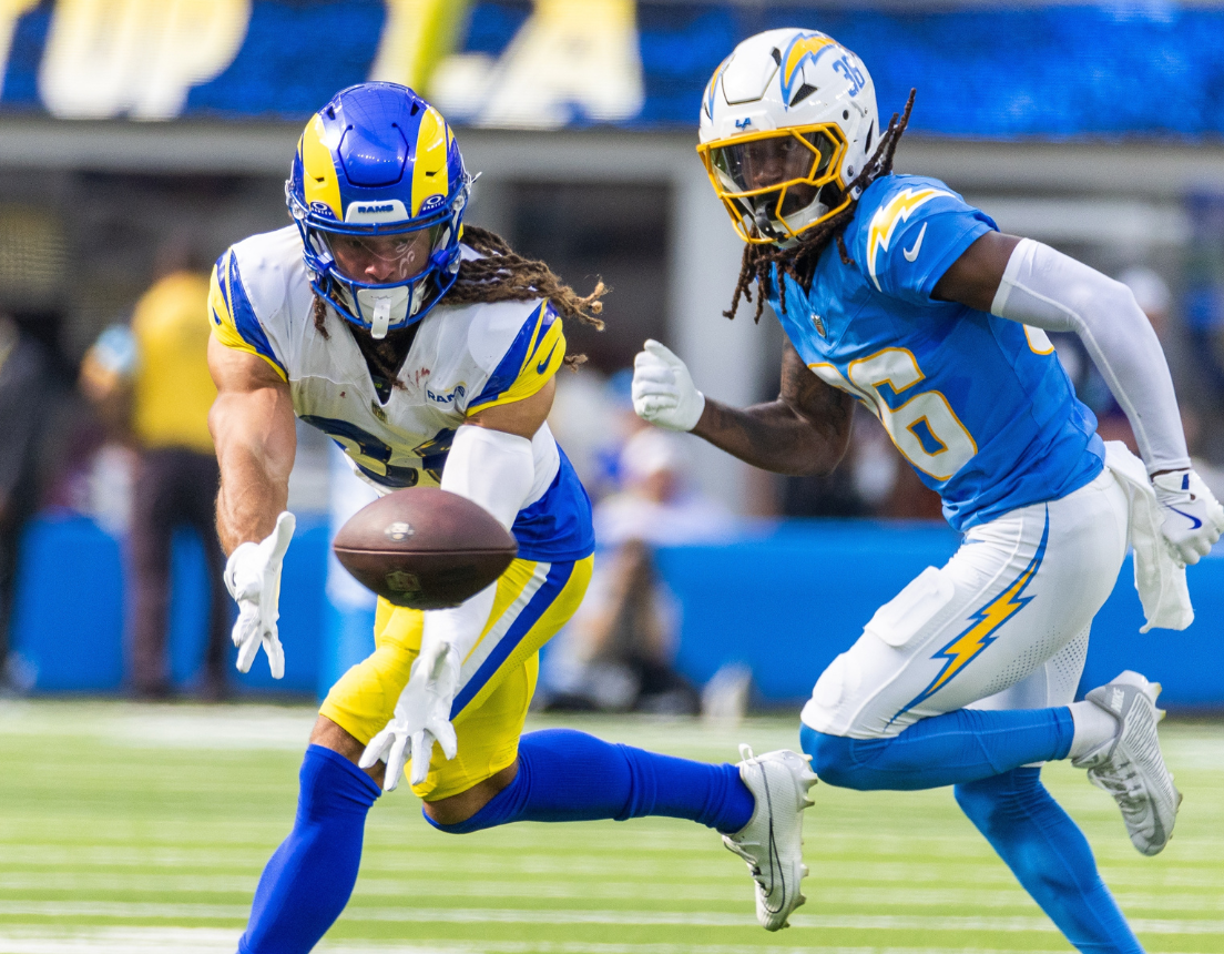 LA Rams wide receiver Jordan Whittington #88 fails to catch a pass aginst LA Chargers defensive back Ja'Sir Taylor #36 in an NFL football game at SoFi Stadium,