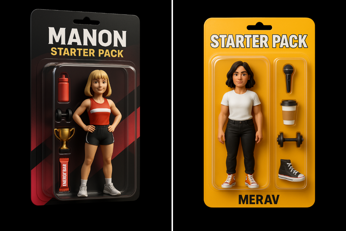 Examples of the starter pack trend featuring mock action figures of webinar presenters, Merav and Manon.