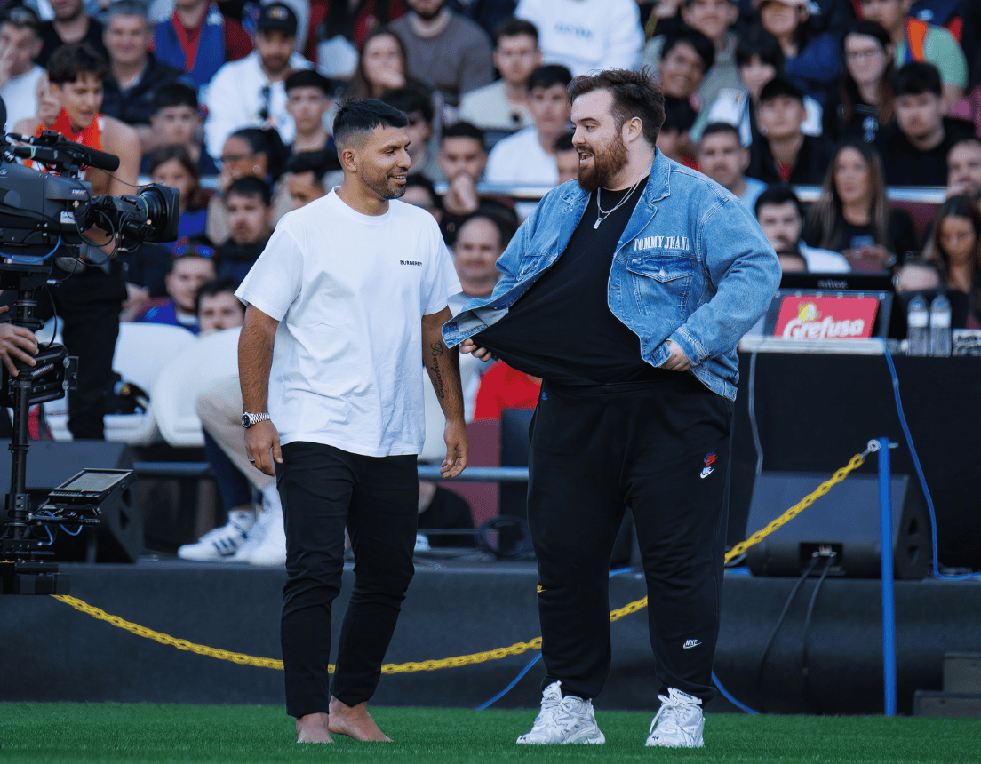 Aguero and Ibai in action during the Final Four of the Kings League InfoJobs Tournament at the Spotify Camp Nou Stadium in Barcelona, Spain.