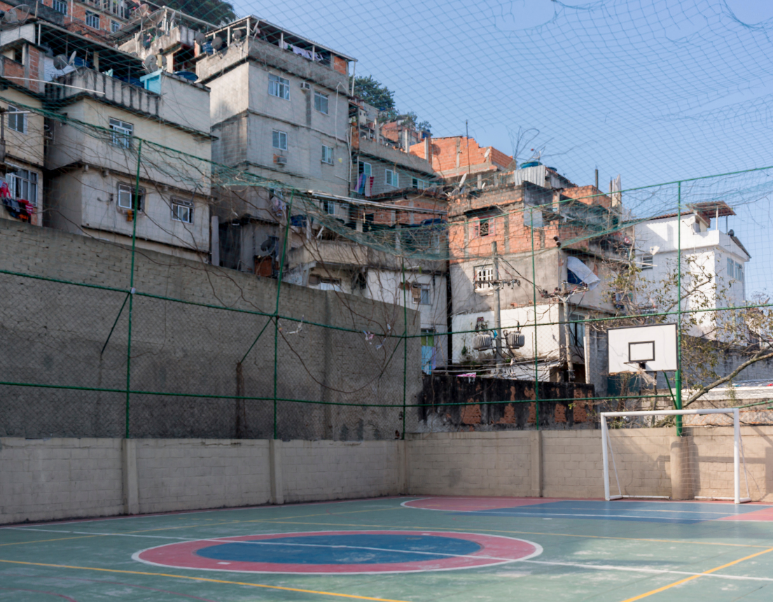 Newly built soccer and basketball court in the middle of favela in Rio de Janeiro