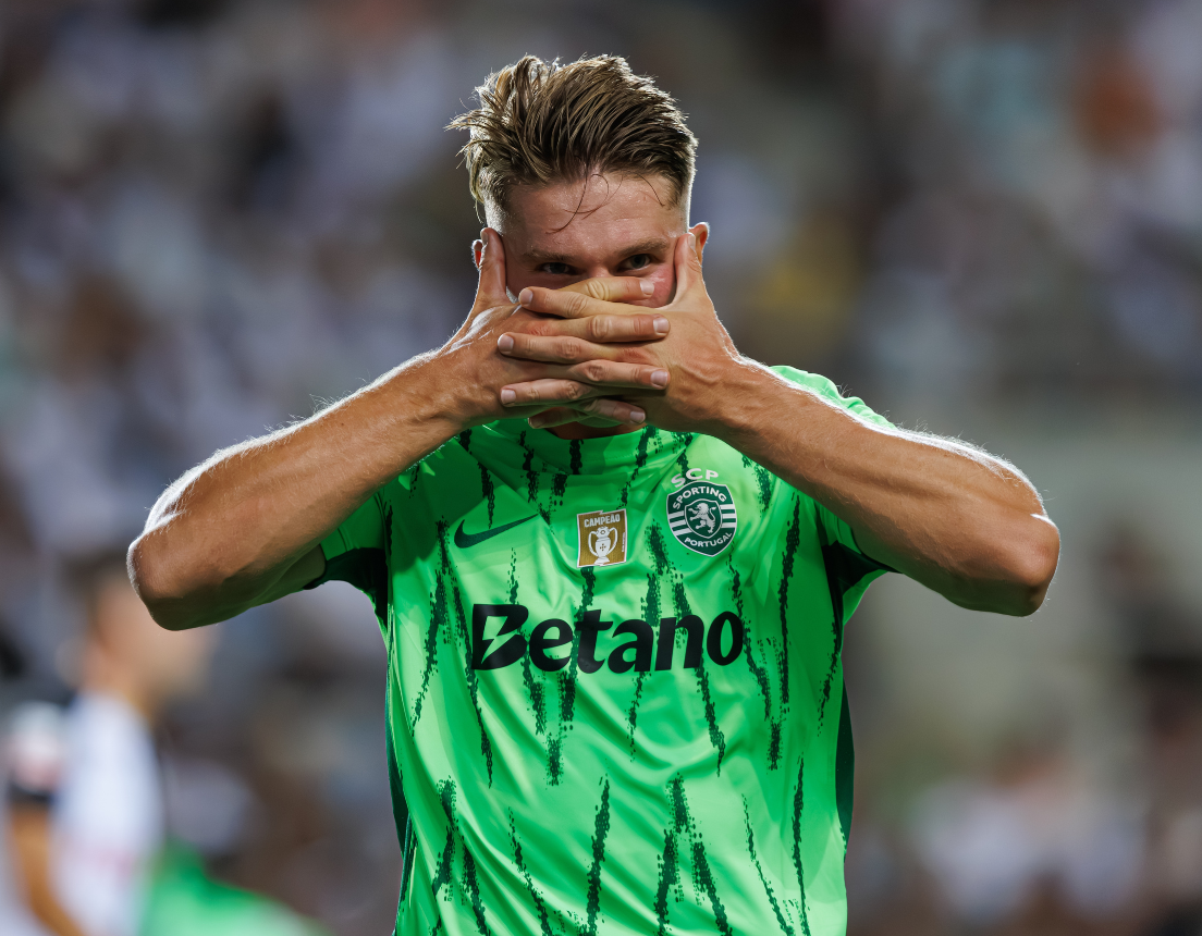 Viktor Gyokeres seen in action celebrating after scoring goal during Liga Portugal game between teams of SC Farense and Sporting CP at Estadio Algarve