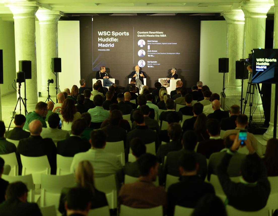 Image on-stage at WSC Sports Huddle: Madrid, including Bob Carney, SVP Social and Digital Content, for the NBA.