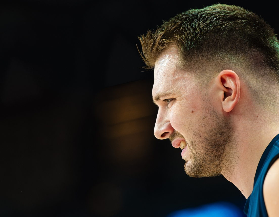 Side profile of basketball player, Luka Doncic. ,
